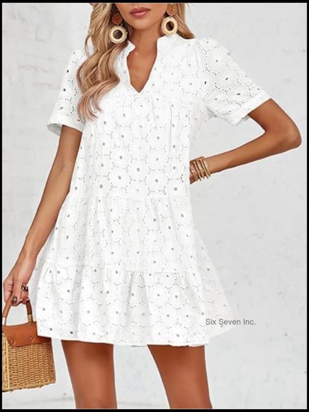 Summer Lace Eyelet Babydoll Swing V-Neck Tunic Dress - Picture 5 of 7